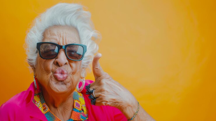 Foto uma mulher idosa animada com óculos de sol apontando com pompa contra um fundo laranja