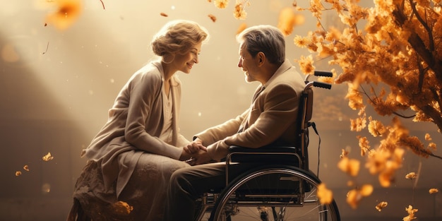 Uma mulher idosa apoia seu marido em uma cadeira de rodas bandeira de parque de outono de alta qualidade