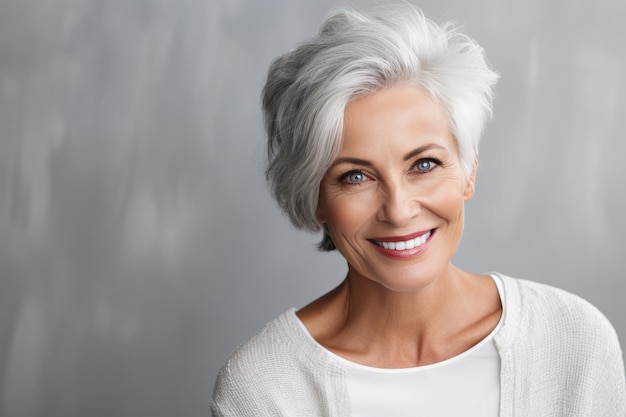 Uma mulher idosa com cabelo branco a sorrir.