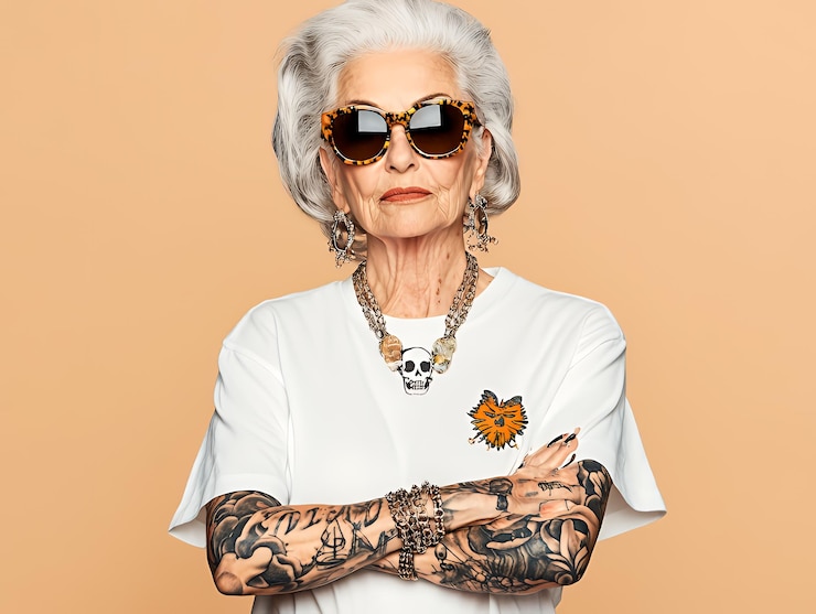 Foto uma mulher idosa com cabelo grisalho, óculos de sol e tatuagens olha com confiança para a câmera