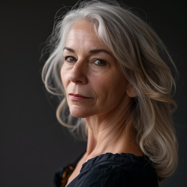 Uma mulher idosa com cabelos grisalhos posando para um retrato