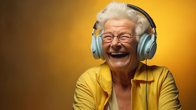 uma mulher idosa com fones de ouvido e um sorriso.