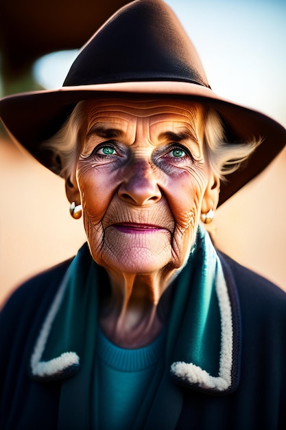 Uma mulher idosa com um chapéu e cachecol