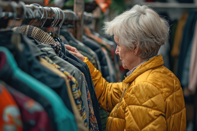 Uma mulher idosa compra itens que adotam o conceito de compras de segunda mão, explorando produtos usados com uma escolha criteriosa