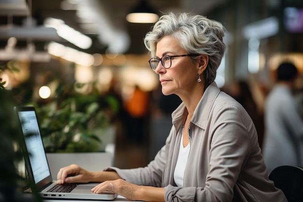 uma mulher idosa de 50 anos de idade com cabelos brancos cinzentos em uma camisa branca senta-se em um computador