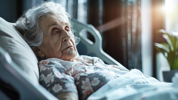Uma mulher idosa descansa tranquilamente em uma cama de hospital enquanto recebe cuidados médicos e conforto em um ambiente de cuidados de saúde