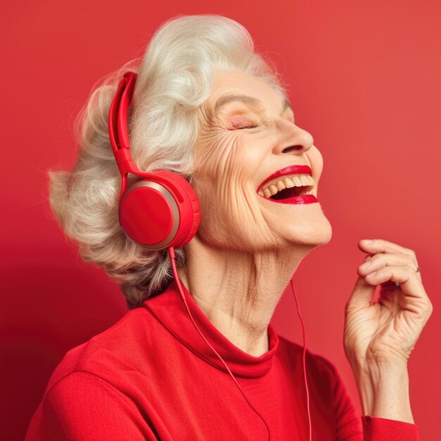 Uma mulher idosa elegante, feliz e alegre, usando fones de ouvido vermelhos, escuta música.