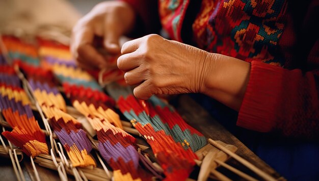 Uma mulher idosa em um suéter brilhante tecendo têxteis tradicionais em um tear de madeira se concentra em mãos e tecido