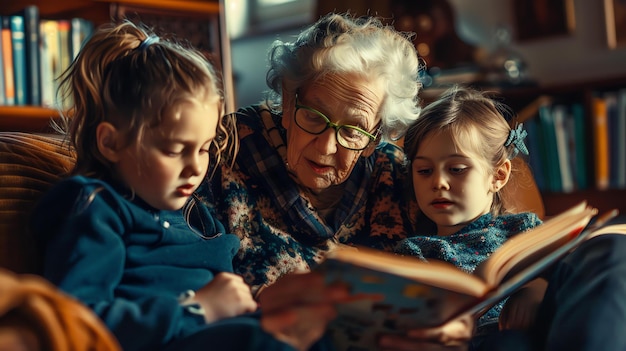Foto uma mulher idosa está lendo um livro para duas meninas. a mulher está usando óculos e tem o cabelo branco.