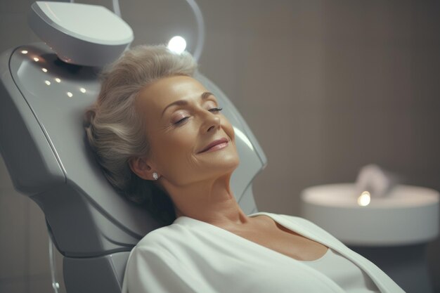 Uma mulher idosa está sentada com os olhos fechados em uma cadeira para procedimentos cosméticos