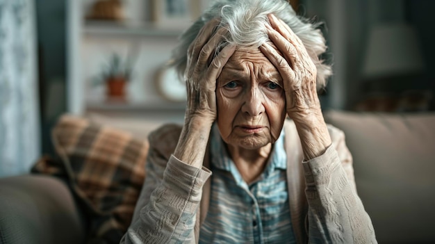 Foto uma mulher idosa está sentada, confusa, com a cabeça nas mãos.
