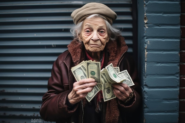 Uma mulher idosa estende moedas. Mulher idosa.