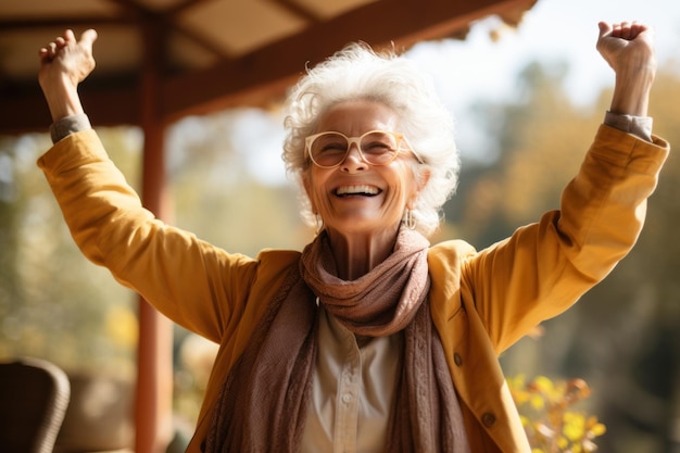 Foto uma mulher idosa feliz levanta as mãos até a cintura