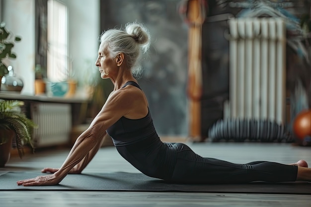 Uma mulher idosa magra faz ioga.