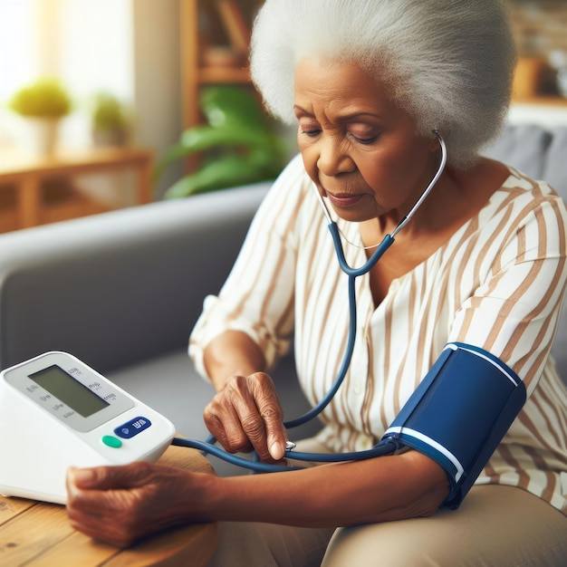 Uma mulher idosa mede a pressão arterial