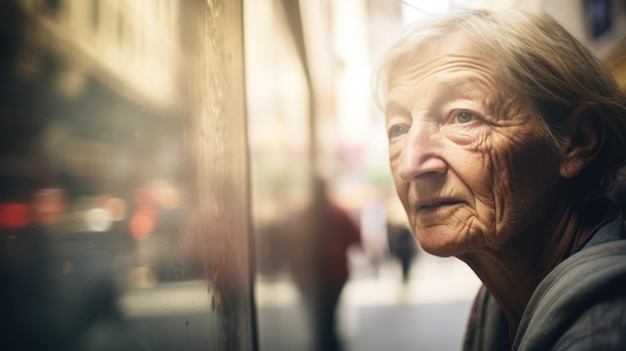 Uma mulher idosa olhando através de uma janela perdida na contemplação enquanto a luz do sol ilumina suavemente sua expressão serena