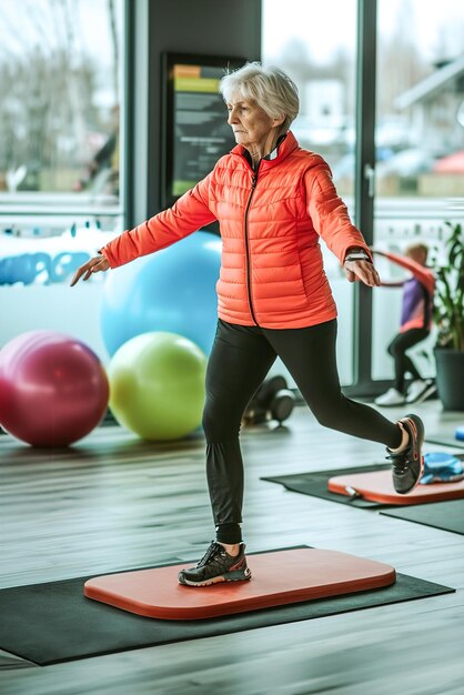 Uma mulher idosa praticando exercícios de equilíbrio em um estúdio de fitness