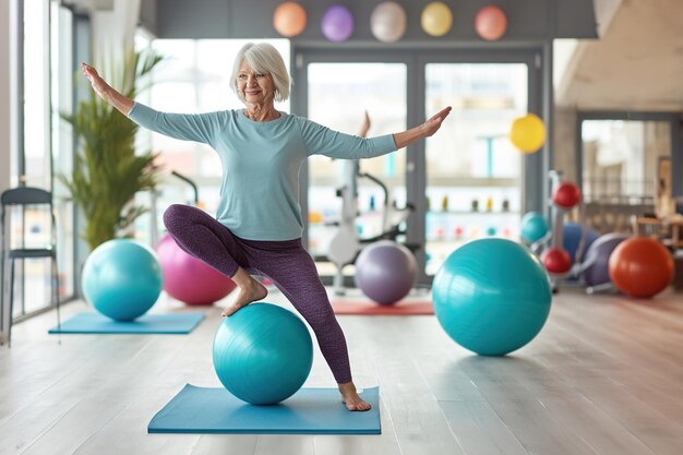 Uma mulher idosa praticando exercícios de equilíbrio em um estúdio de fitness