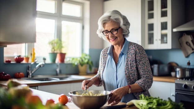 Foto uma mulher idosa prepara o jantar na cozinha de sua casa