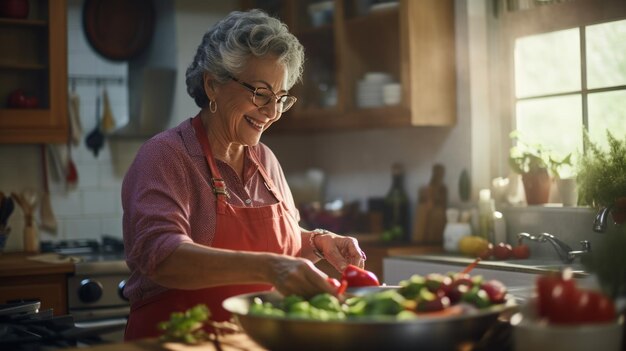 Foto uma mulher idosa prepara o jantar na cozinha de sua casa