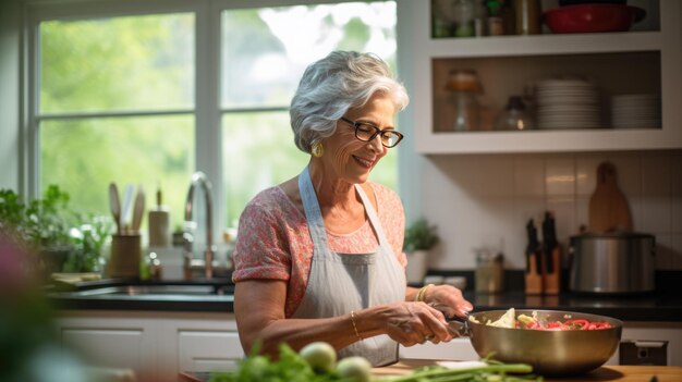 Foto uma mulher idosa prepara o jantar na cozinha de sua casa