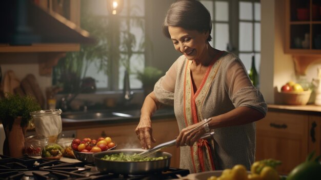 Foto uma mulher idosa prepara o jantar na cozinha de sua casa