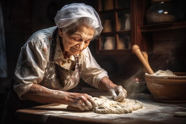 Uma mulher idosa preparando massa de macarrão