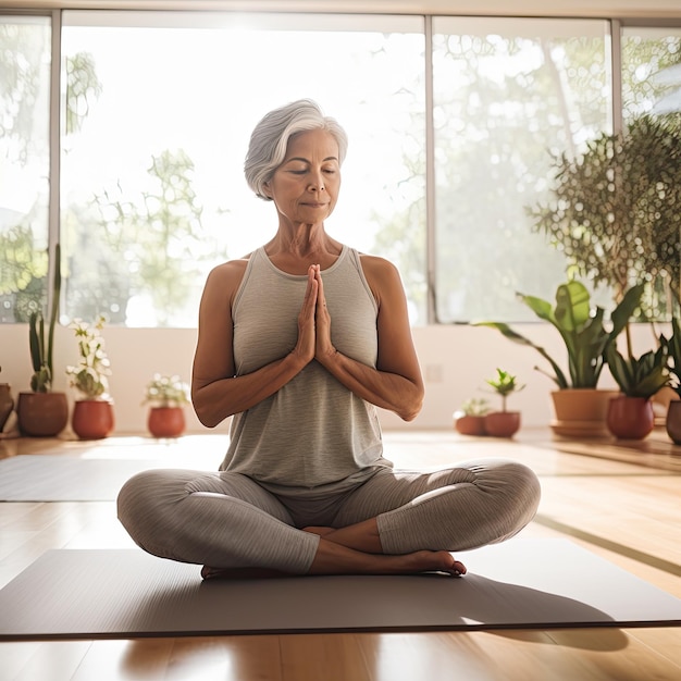Uma mulher idosa realizando exercícios de ioga para manter sua flexibilidade e bem-estar
