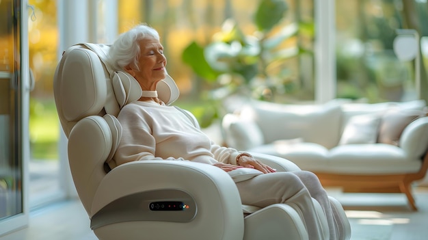 Foto uma mulher idosa relaxando em uma cadeira de massagem elétrica de alta tecnologia em casa conceito bem-estar para seniores comfort em casa técnicas de relaxamento avanços tecnológicos de cuidados com idosos