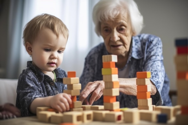 Uma mulher idosa segurando seu neto enquanto ele brinca com blocos criados com IA generativa