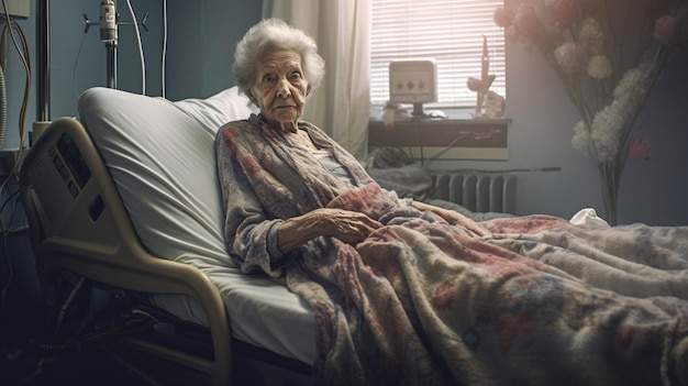 Uma mulher idosa senta-se em um quarto de hospital