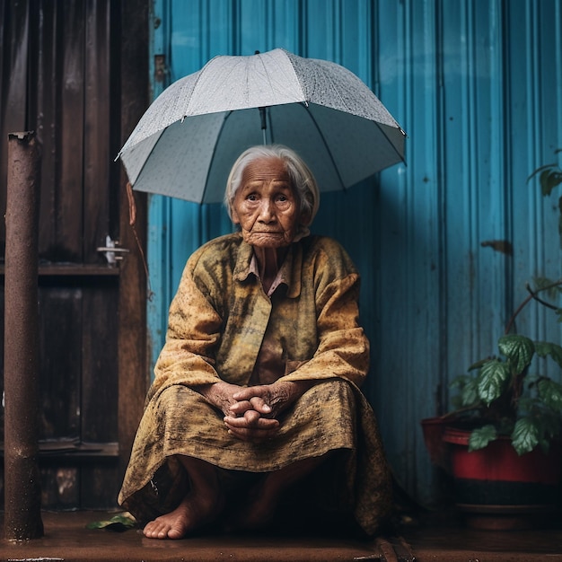 uma mulher idosa sentada em contato com a chuva na estação seca mudança climática