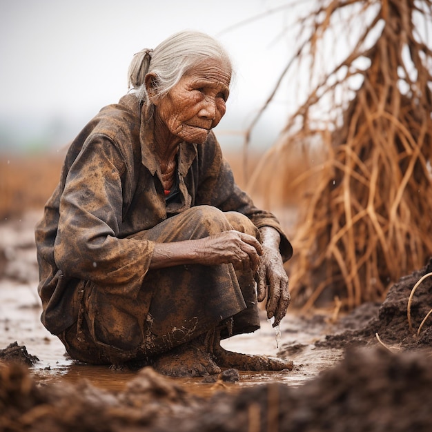 uma mulher idosa sentada em contato com a chuva na estação seca mudança climática
