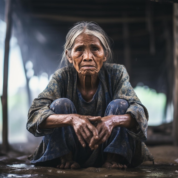uma mulher idosa sentada em contato com a chuva na estação seca mudança climática