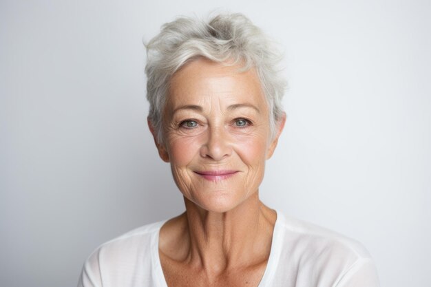 Foto uma mulher idosa sorridente e cheia de alegria traz calor e positividade a um fundo de branco prístino