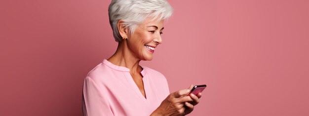 Foto uma mulher idosa sorrindo e rindo com seu telefone contra um fundo colorido