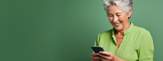 Uma mulher idosa sorrindo e rindo com seu telefone contra um fundo colorido.