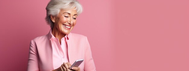 Uma mulher idosa sorrindo e rindo com seu telefone contra um fundo colorido.