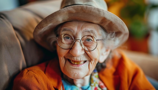 Uma mulher idosa usando óculos e um chapéu senta-se em um sofá sorrindo e rindo