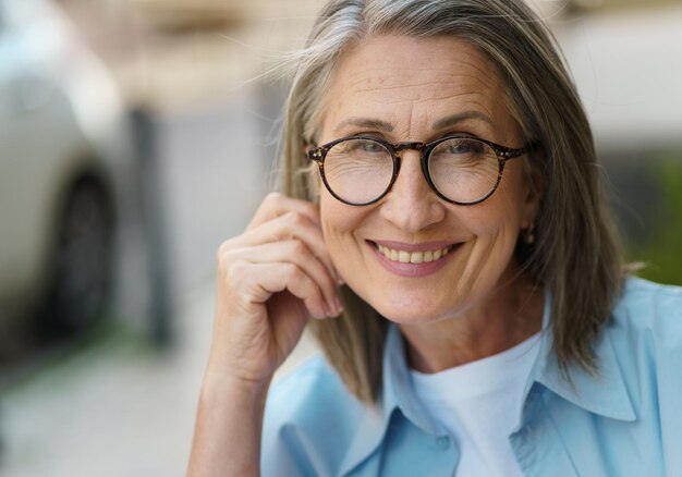 Foto uma mulher idosa usando óculos e uma camisa azul