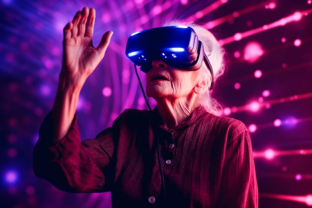 Uma mulher idosa usando um fone de ouvido de realidade virtual.