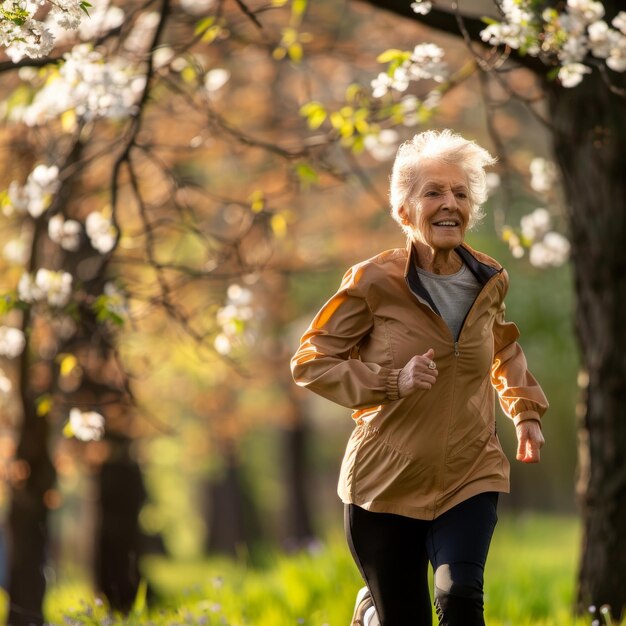 Foto uma mulher idosa vital corre num parque em flor