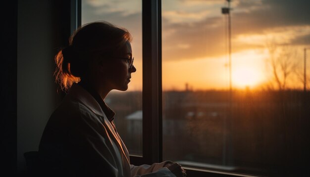 Foto uma mulher iluminada pelo pôr do sol olhando pela janela na solidão gerada por ia