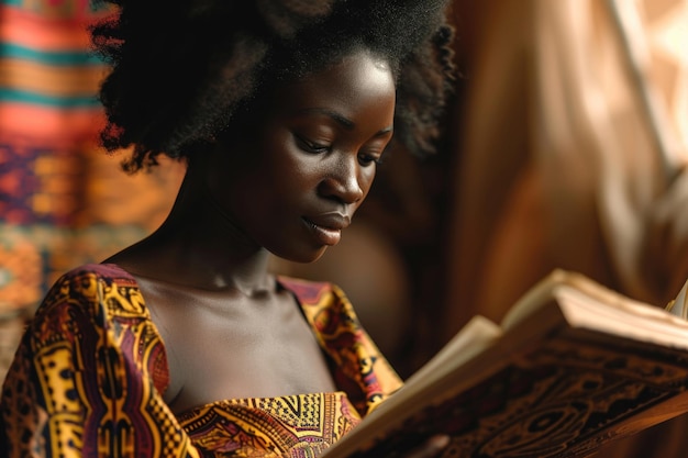 Foto uma mulher imersa na leitura de literatura histórica cercada por símbolos da cultura africana