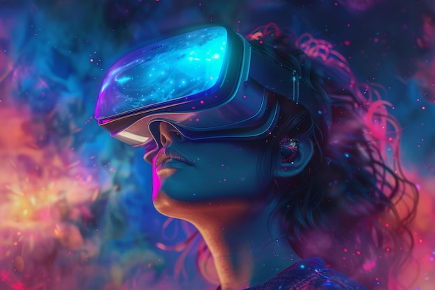 Uma mulher imersa na realidade virtual com um fone de ouvido explorando um ambiente digital