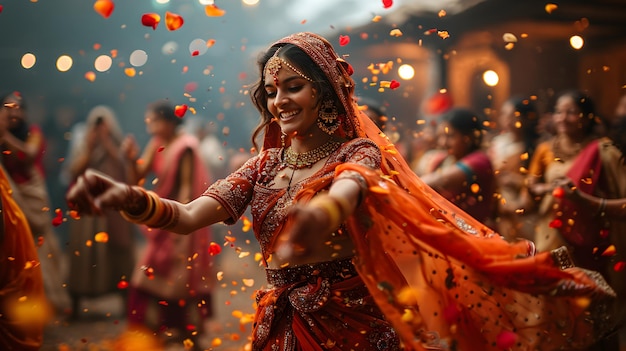 Uma mulher indiana adornada com trajes tradicionais e jóias graciosamente envolve a IA gerativa
