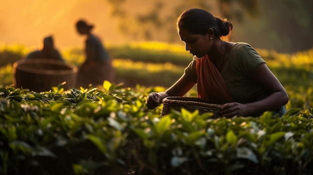 Uma mulher indiana em uma plantação de chá coleta folhas verdes em cestas.
