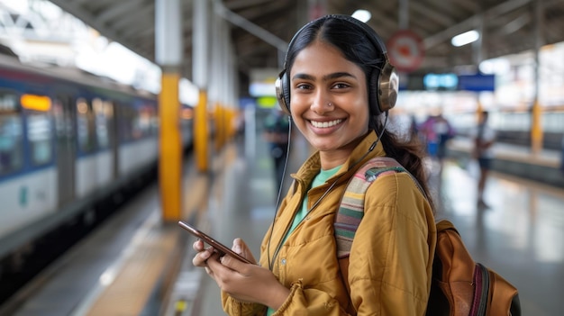 Uma mulher indiana sorridente com um telefone celular e fones de ouvido na estação de ônibus