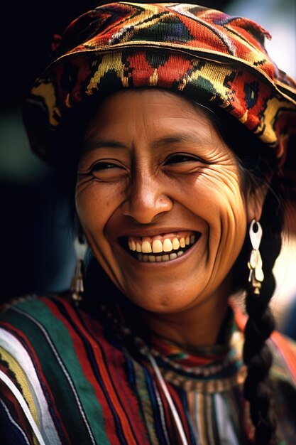 Uma mulher indiana sorridente vestindo roupas coloridas e um cocar