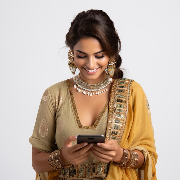 Uma mulher indiana vestindo roupas étnicas casuais usando seu smartphone